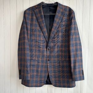 Jos A Bank men size 42L blazer sport coat navy plaid wool linen tailored fit